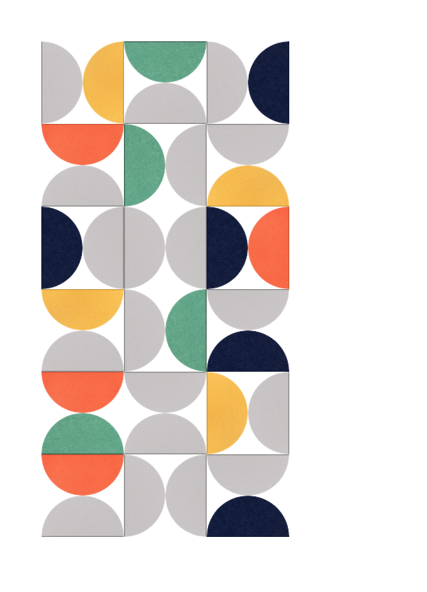 Abstract geometric pattern with overlapping semicircles in navy, teal, coral, gold, and gray on white background.