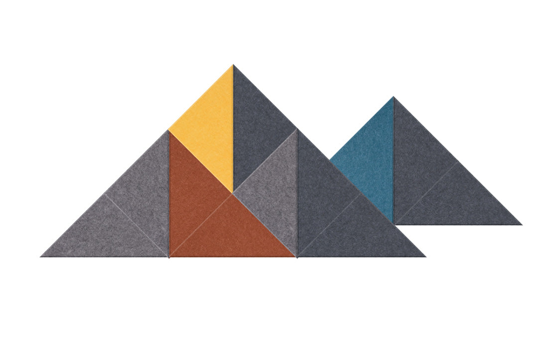 Two geometric mountain peaks with shaded triangular sections in gray, rust, gold, and teal colors.