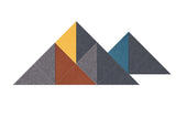 Two geometric mountain peaks with shaded triangular sections in gray, rust, gold, and teal colors.
