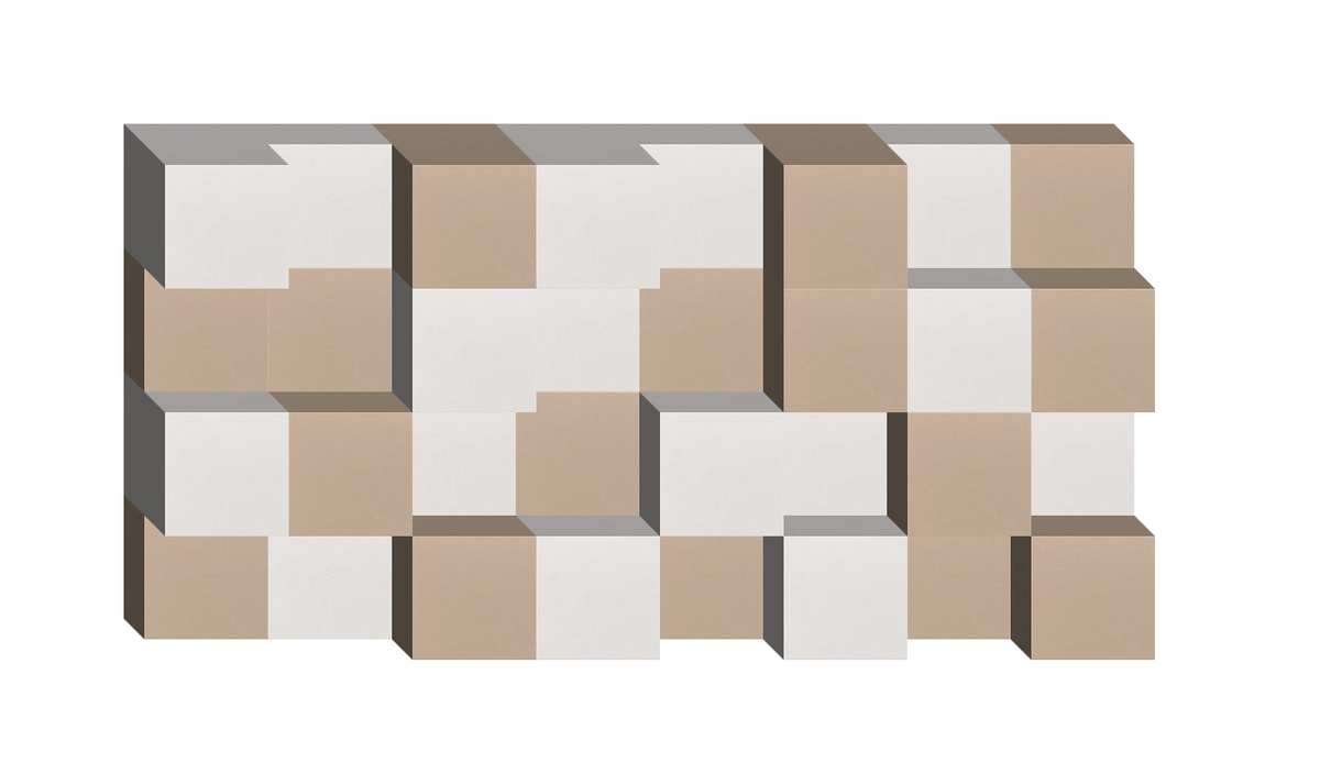 Modular wall art composed of interlocking cubes in beige, white, and gray tones arranged in a checkerboard pattern.