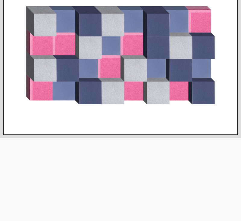 3D geometric wall art with pink, blue, gray, and navy cube blocks arranged in a checkered pattern.