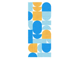 Geometric abstract design with blue, yellow, and light blue shapes including circles, rectangles, and curved forms arranged i