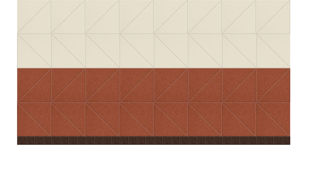 Geometric tile pattern with cream top section, terracotta middle band with diagonal lines, and dark brown base trim.