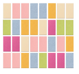 Grid pattern with 32 colored rectangles in shades of pink, blue, yellow, green, and beige.