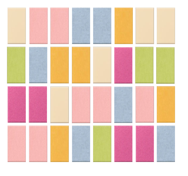 Grid pattern with 32 colored rectangles in shades of pink, blue, yellow, green, and beige.