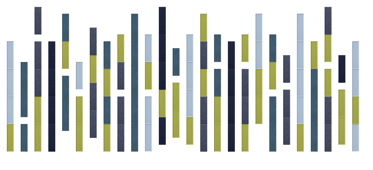 Stacked bar chart with vertical columns in dark blue, light blue, and olive green segments representing data categories.