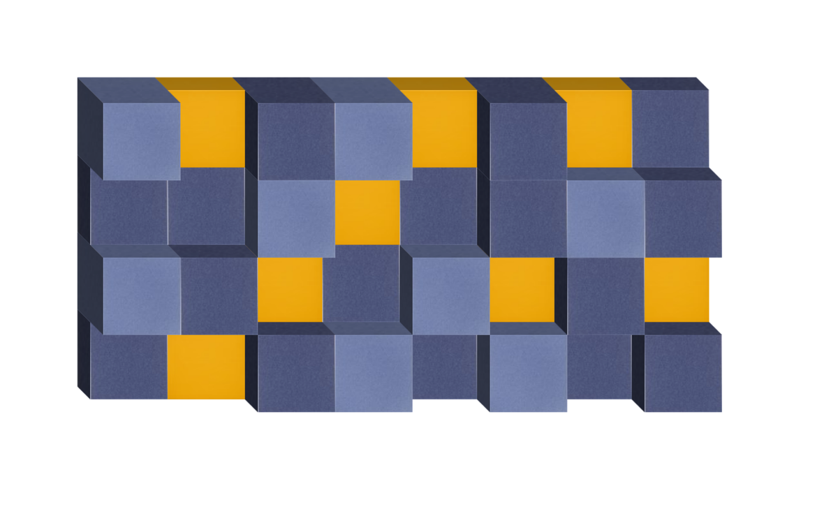 Three-dimensional geometric design with blue and yellow stacked cube blocks in repeating pattern.