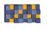 Three-dimensional geometric design with blue and yellow stacked cube blocks in repeating pattern.