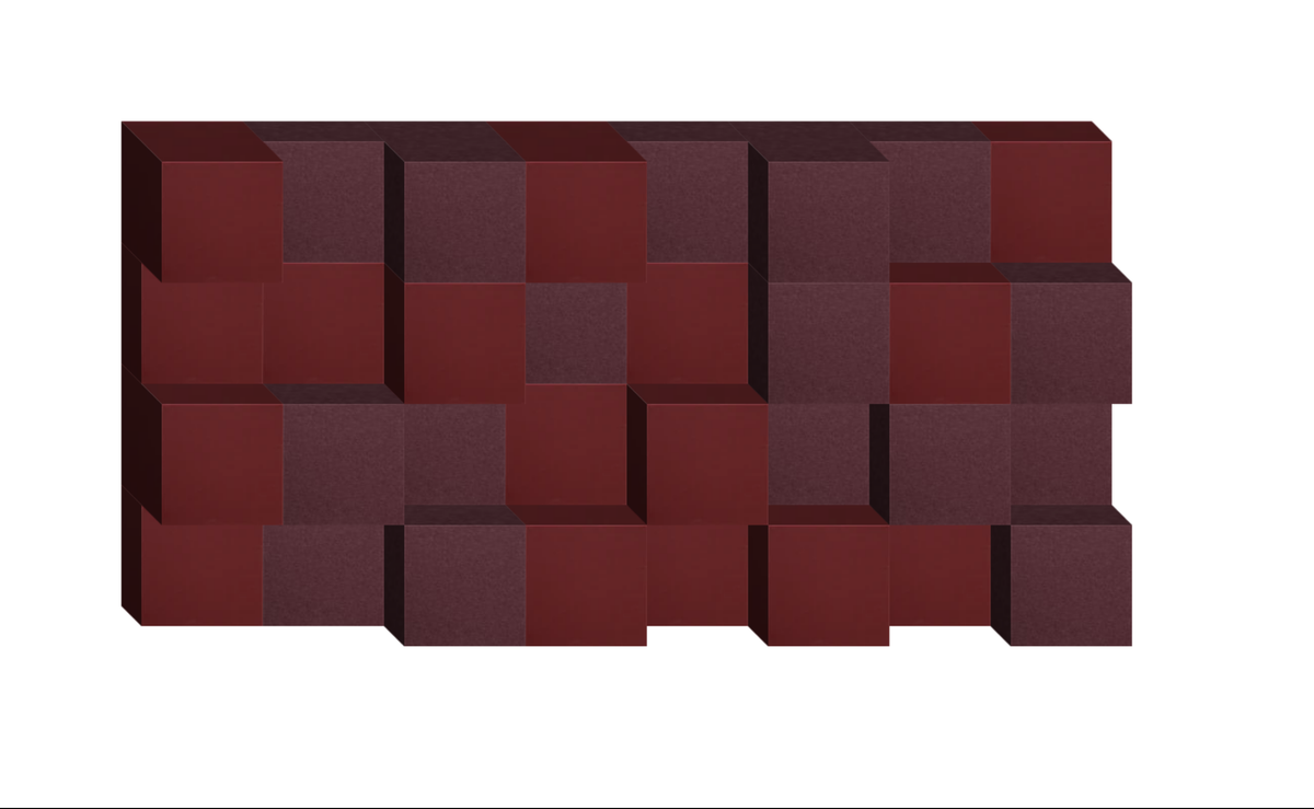 Three-dimensional geometric wall design with interlocking burgundy and dark red cubes in varying depths.