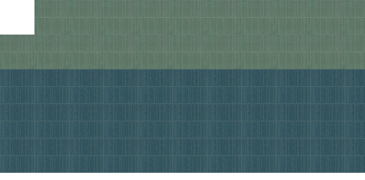 Two-tone tile design with sage green upper section and teal blue lower section, both featuring vertical stripe texture patter