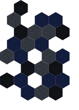 Hexagonal tile pattern in black, dark gray, and navy blue arranged in a geometric honeycomb design.