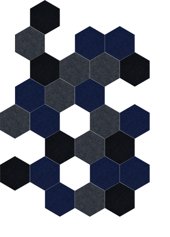 Hexagonal tile pattern in black, dark gray, and navy blue arranged in a geometric honeycomb design.