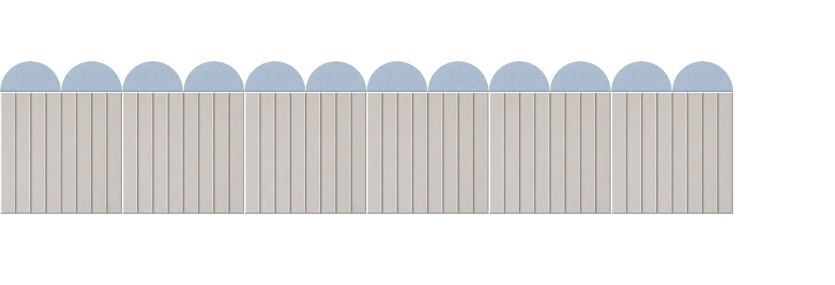 Beige rectangular panel with vertical stripe pattern and blue semicircular shapes along top edge.