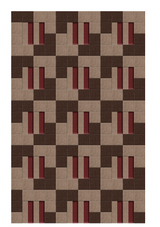 Geometric patterned area rug with repeating blocks in brown, tan, and burgundy red tones.