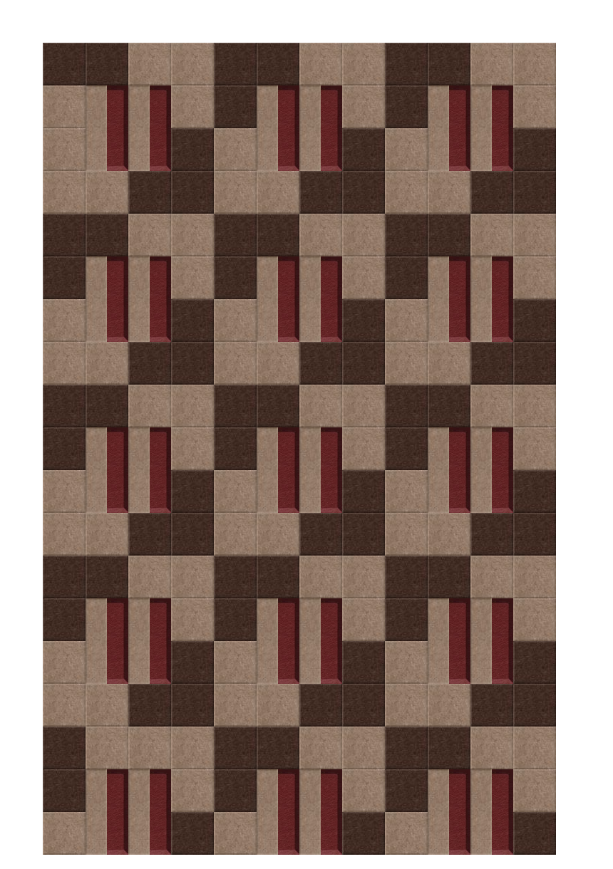 Geometric patterned area rug with repeating blocks in brown, tan, and burgundy red tones.