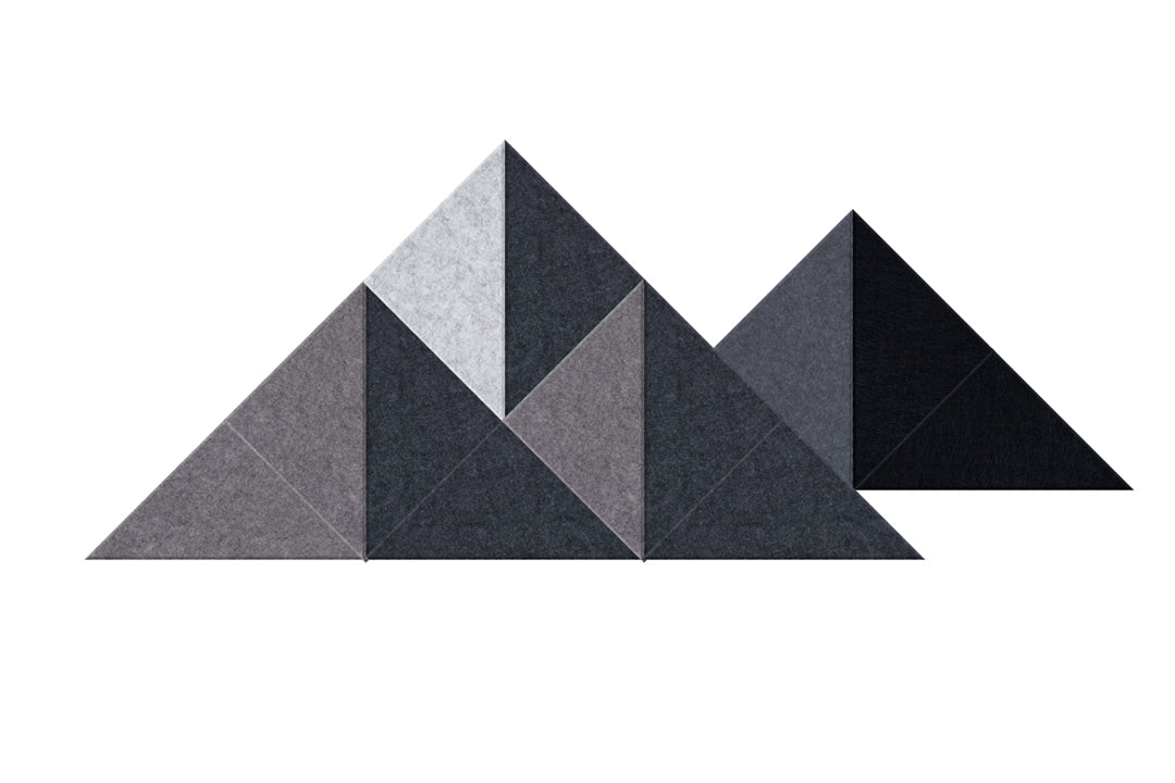 Three geometric mountain peaks in varying shades of grey and black with layered triangular facets.