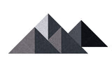 Three geometric mountain peaks in varying shades of grey and black with layered triangular facets.