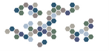 Hexagonal tiles in shades of blue, green, gray, and tan arranged in abstract clusters on white background.