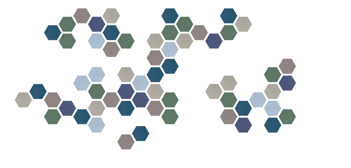 Hexagonal tiles in shades of blue, green, gray, and tan arranged in abstract clusters on white background.