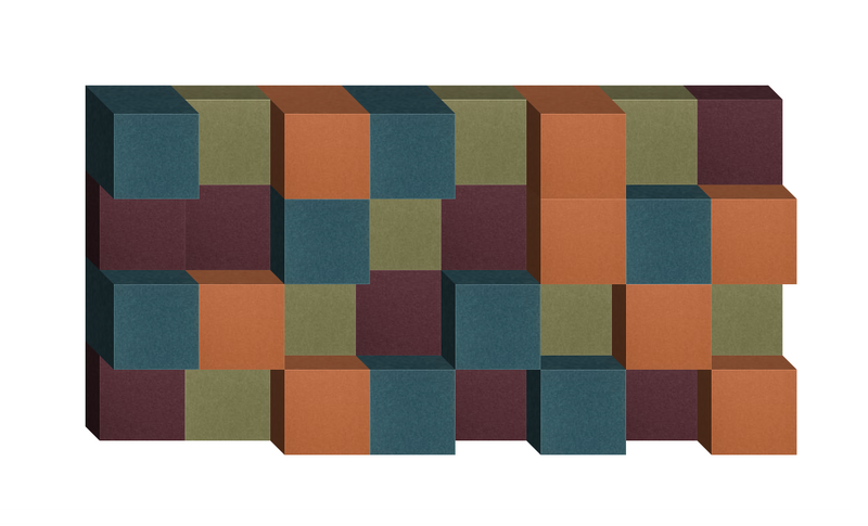 Geometric wall art featuring staggered colorful squares in teal, rust, olive, and burgundy tones.