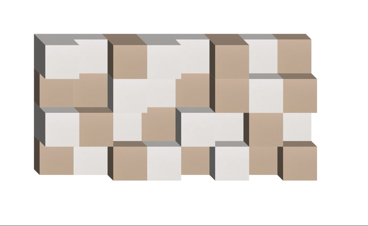 Three-dimensional modular structure with alternating tan and white cubic blocks arranged in a checkered pattern.
