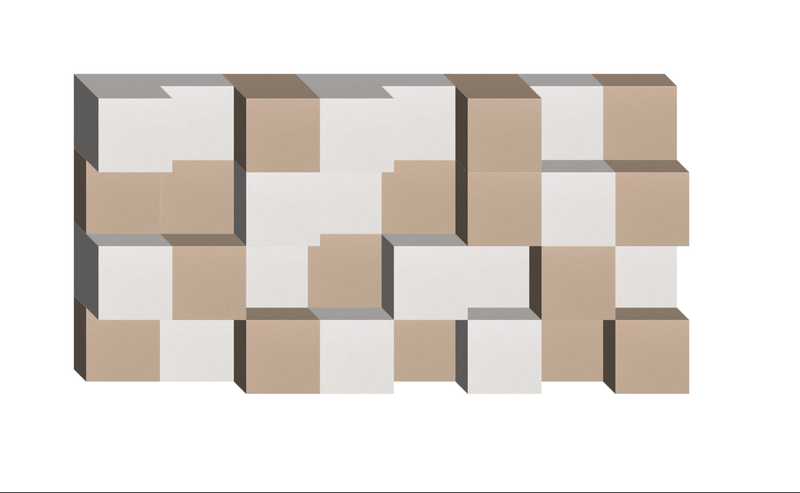 Three-dimensional modular structure with alternating tan and white cubic blocks arranged in a checkered pattern.