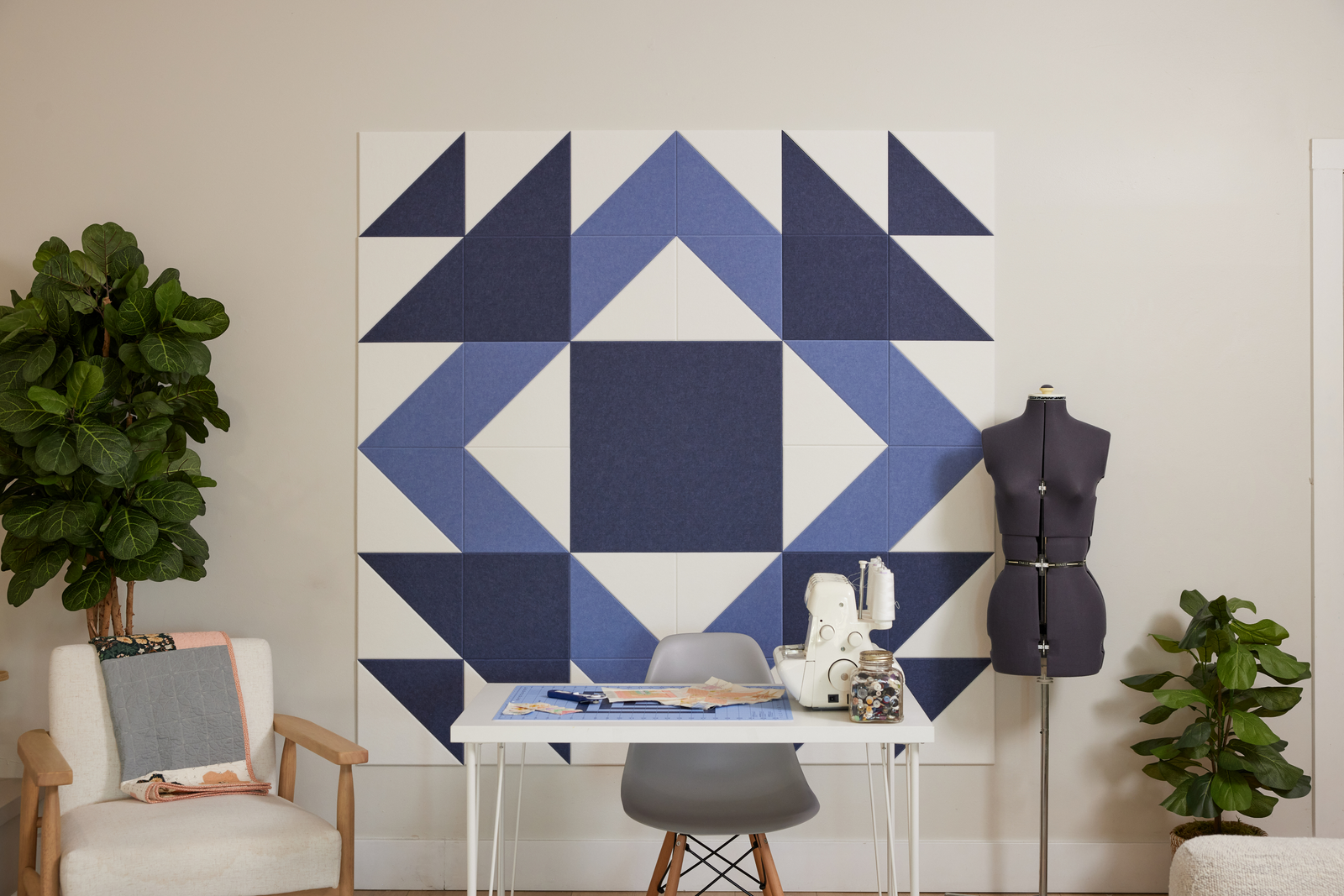 Felt Right Mothers Favorite quilt design wall in shades of blue and white displayed in a bedroom and craft room