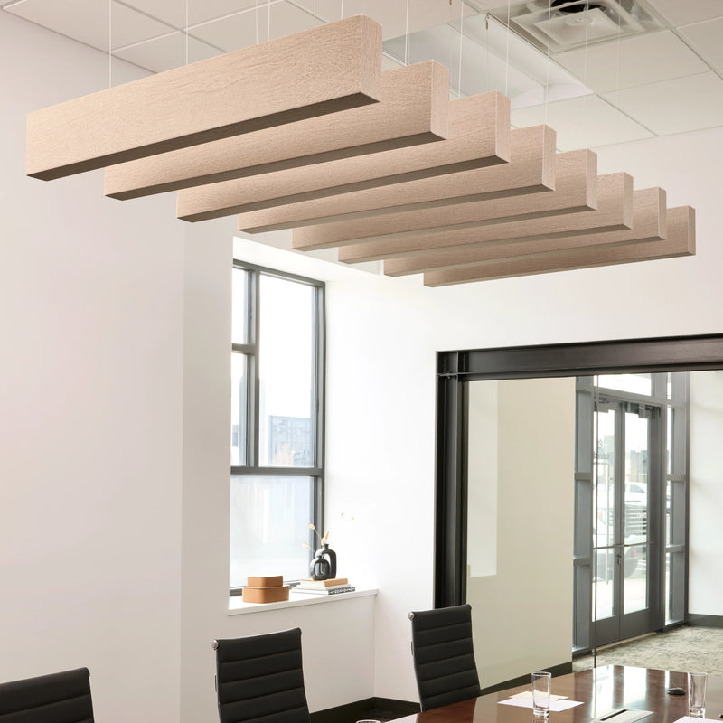 Light wood ceiling beams above a conference room