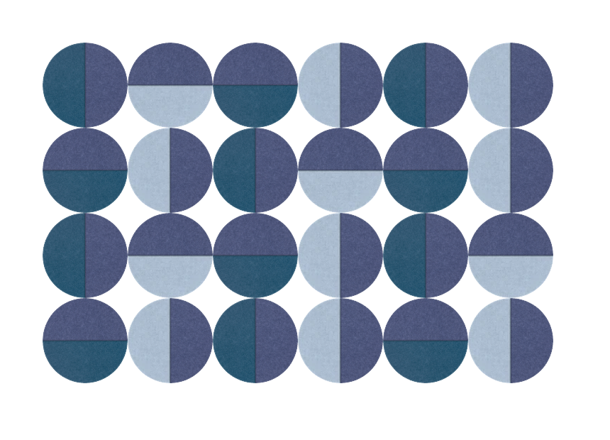 Geometric pattern of blue and teal circles arranged in a 6x4 grid with divided color sections.