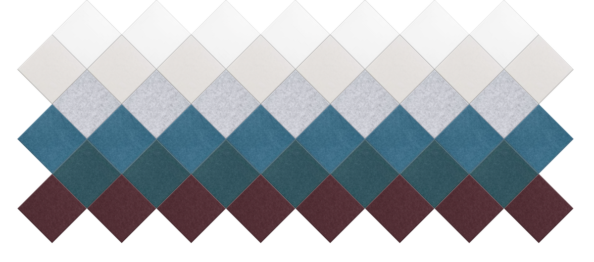 Diamond-shaped fabric swatches in cream, light gray, teal, dark teal, and burgundy arranged in horizontal rows.