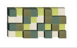 3D geometric design with interlocking blocks in green, yellow, olive, and cream tones.