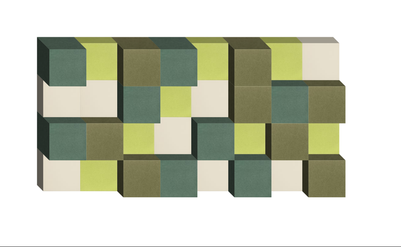 3D geometric design with interlocking blocks in green, yellow, olive, and cream tones.