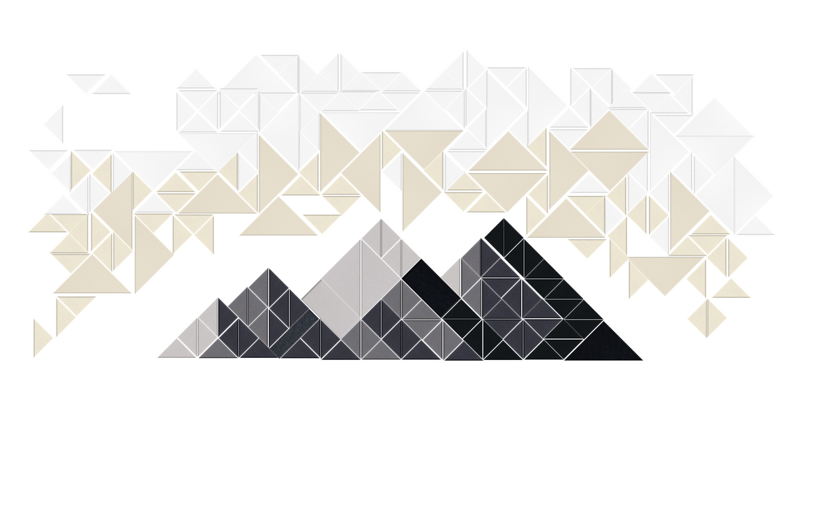 Abstract geometric design with triangular shapes in beige, gray, and black tones arranged in mountain-like formation.