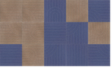 Abstract geometric tile pattern with tan and blue blocks featuring concentric curved line designs.