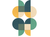 Geometric abstract design with overlapping circles and rectangles in teal, sage green, gold, and cream forming a symmetrical 