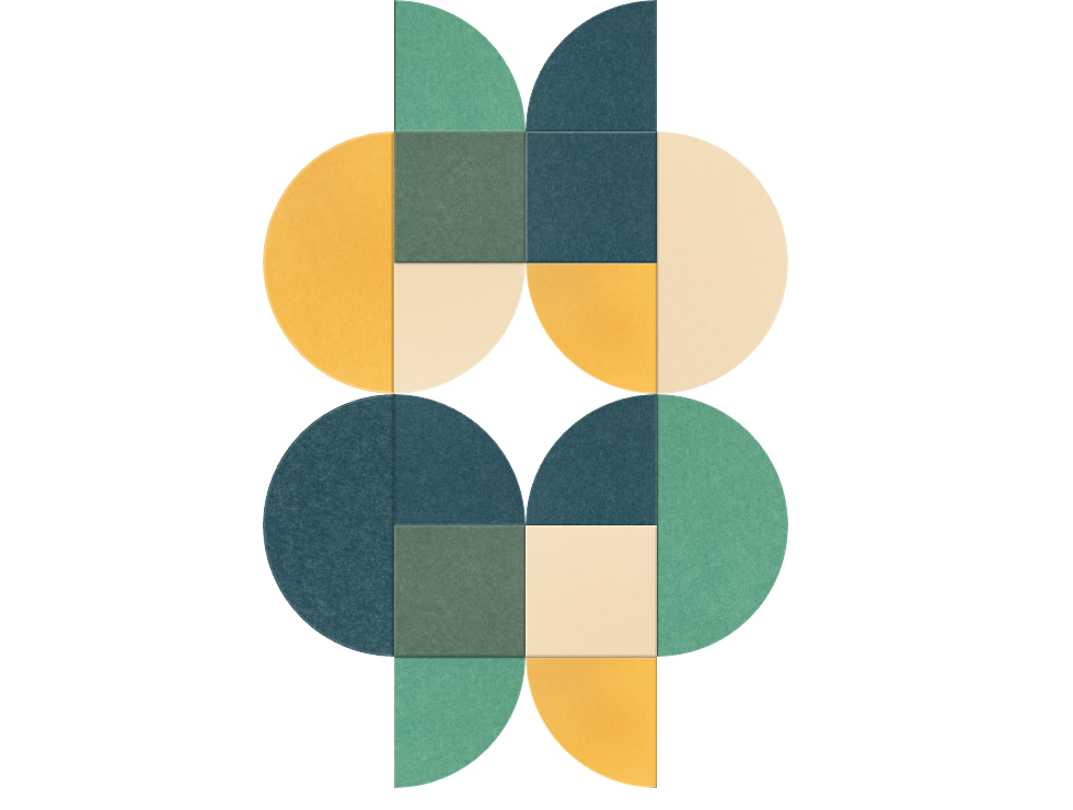 Geometric abstract design with overlapping circles and rectangles in teal, sage green, gold, and cream forming a symmetrical 