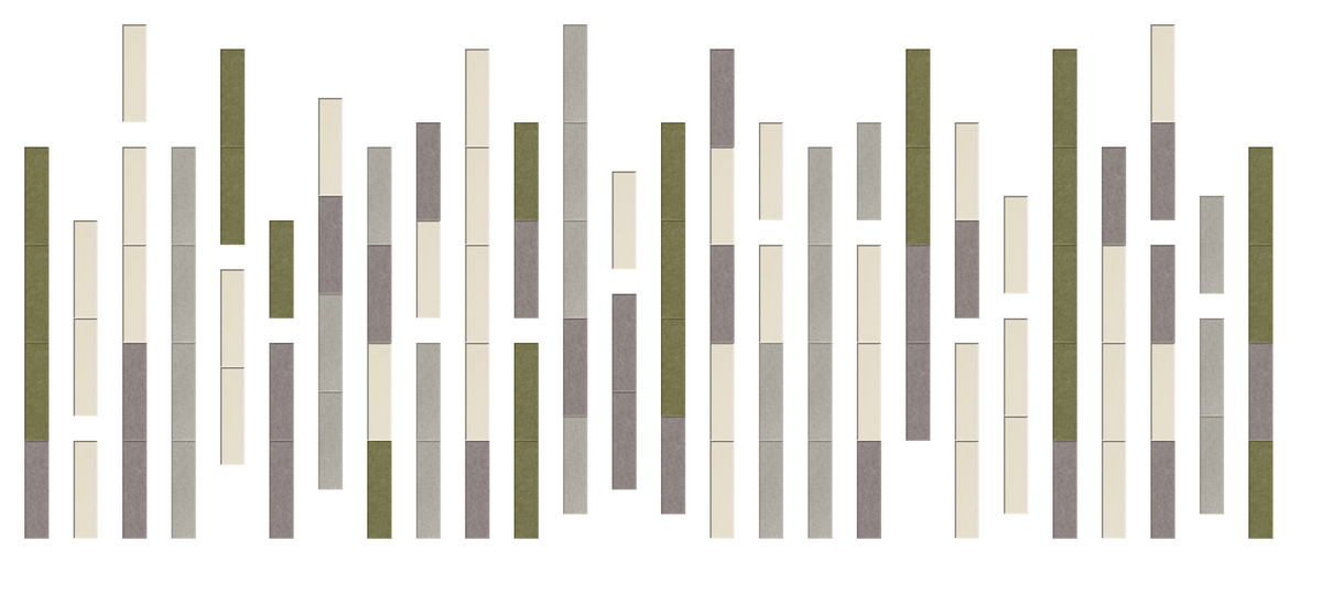 Abstract bar chart with vertical columns in olive green, gray, and cream colors arranged in varying heights.