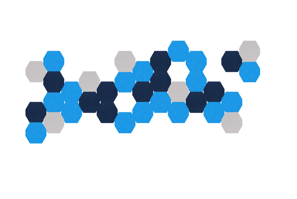 Geometric pattern of blue, navy, and gray hexagons arranged in a clustered formation.