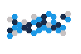 Geometric pattern of blue, navy, and gray hexagons arranged in a clustered formation.
