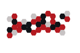Cluster of red, black, and gray hexagonal shapes arranged in a connected pattern on white background.
