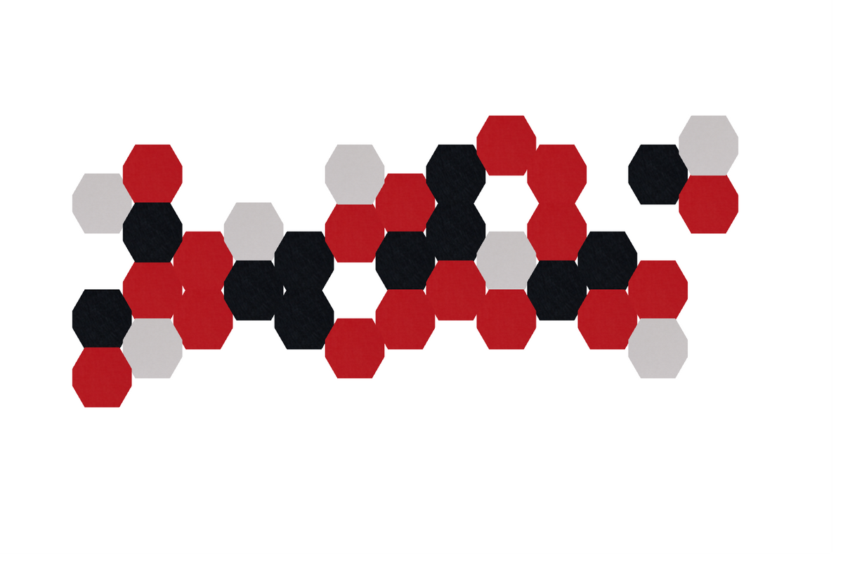 Cluster of red, black, and gray hexagonal shapes arranged in a connected pattern on white background.