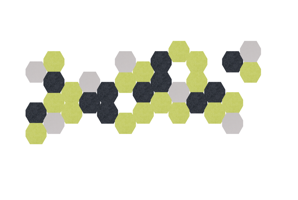 Arrangement of connected hexagonal tiles in lime green, dark gray, and light gray colors.