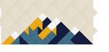 Geometric mountain design in navy, teal, gold, and white on beige quilted background.