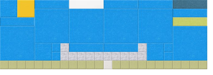 Abstract geometric design with blue sky, white clouds, yellow sun, and green ground in rectangular color blocks.