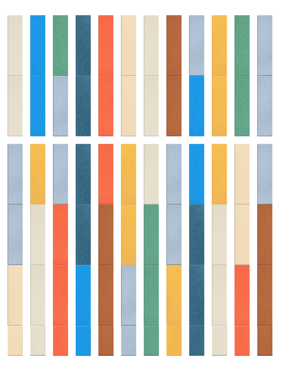 Grid of vertical color swatches in shades of blue, green, red, yellow, brown, and beige arranged in three rows.