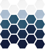 Gradient hexagon pattern in white, light blue, medium blue, and dark navy blue arranged in honeycomb layout.