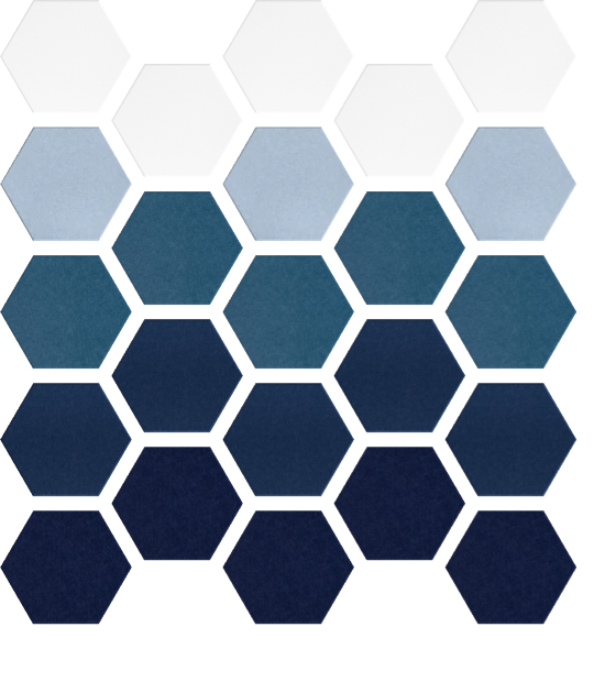 Gradient hexagon pattern in white, light blue, medium blue, and dark navy blue arranged in honeycomb layout.