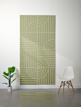 Olive-green felt sheet with engraved geometric pattern of vertical lines and curved concentric circles in alternating section