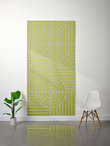 Chartreuse felt sheet with layered engraved geometric pattern of vertical lines and curved concentric circles.