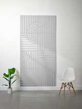Thick gray felt sheet with engraved geometric pattern featuring vertical lines and curved concentric quarter-circle designs.